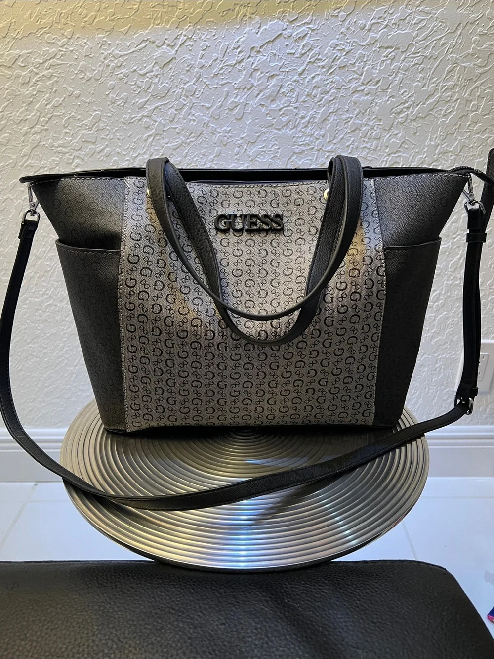 GUESS NWOT XL Black and Gray Monogram Tote with Shoulder Strap